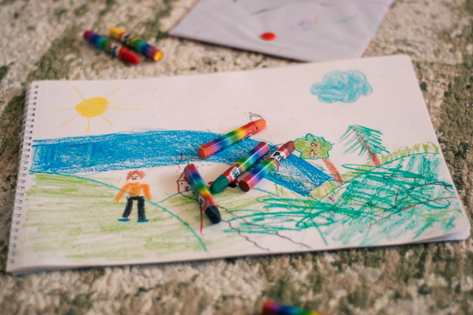 Desenho colorido de uma paisagem com lápis de cera sobre o papel.